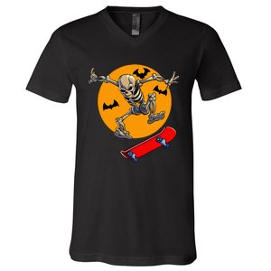 Spooky Skateboarding Skeleton Halloween Skateboarder V-Neck T-Shirt