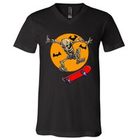 Spooky Skateboarding Skeleton Halloween Skateboarder V-Neck T-Shirt