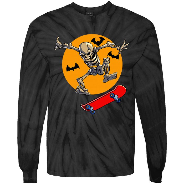 Spooky Skateboarding Skeleton Halloween Skateboarder Tie-Dye Long Sleeve Shirt