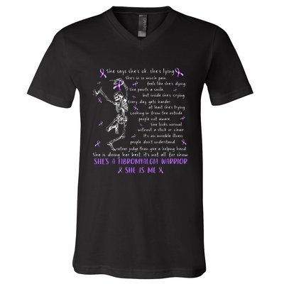 She Say SheS Ok SheS A Fibromyalgia Warrior Skeleton V-Neck T-Shirt