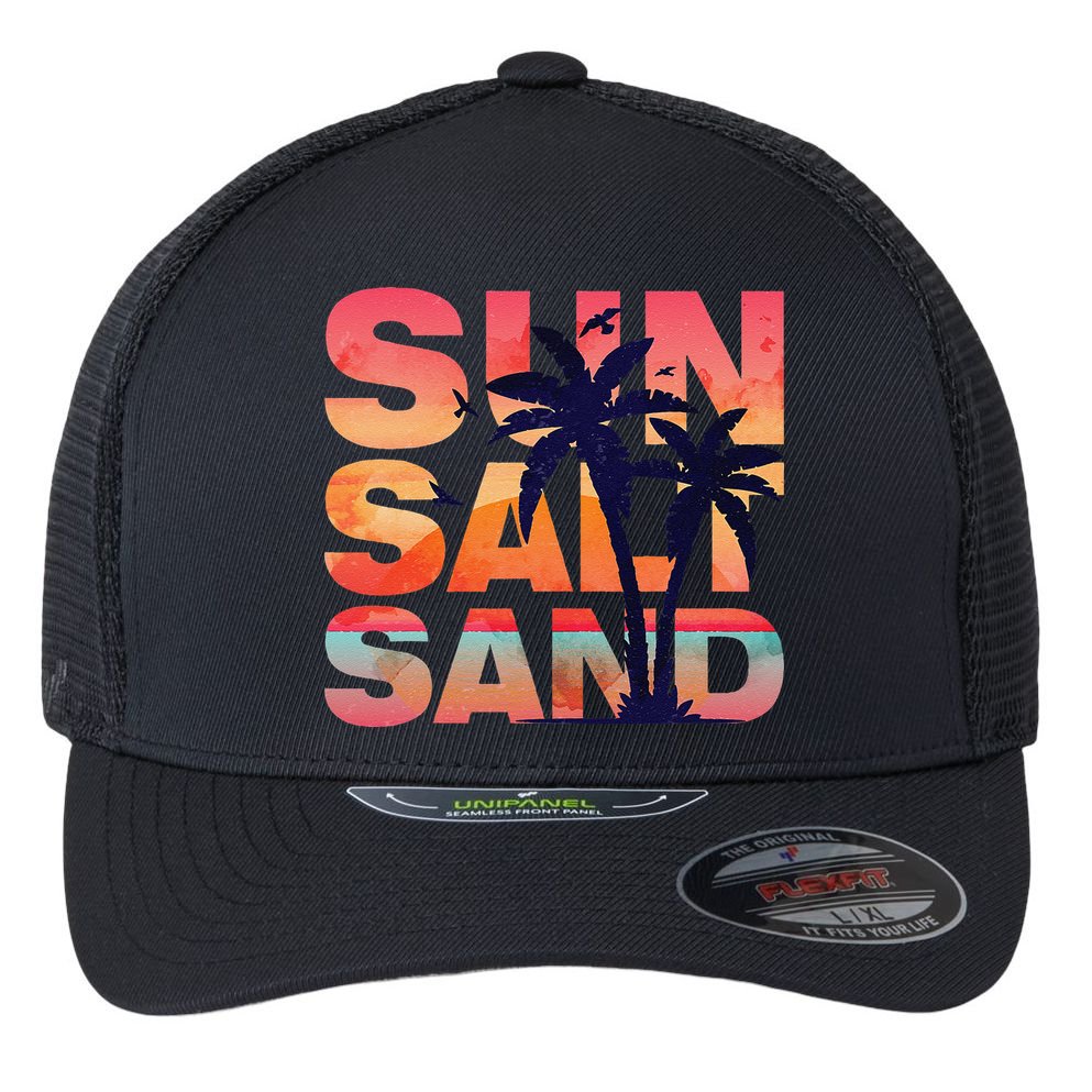 Sun Salt Sand Funny Beach Lover Summer Vacation Palm Tree Flexfit Unipanel Trucker Cap