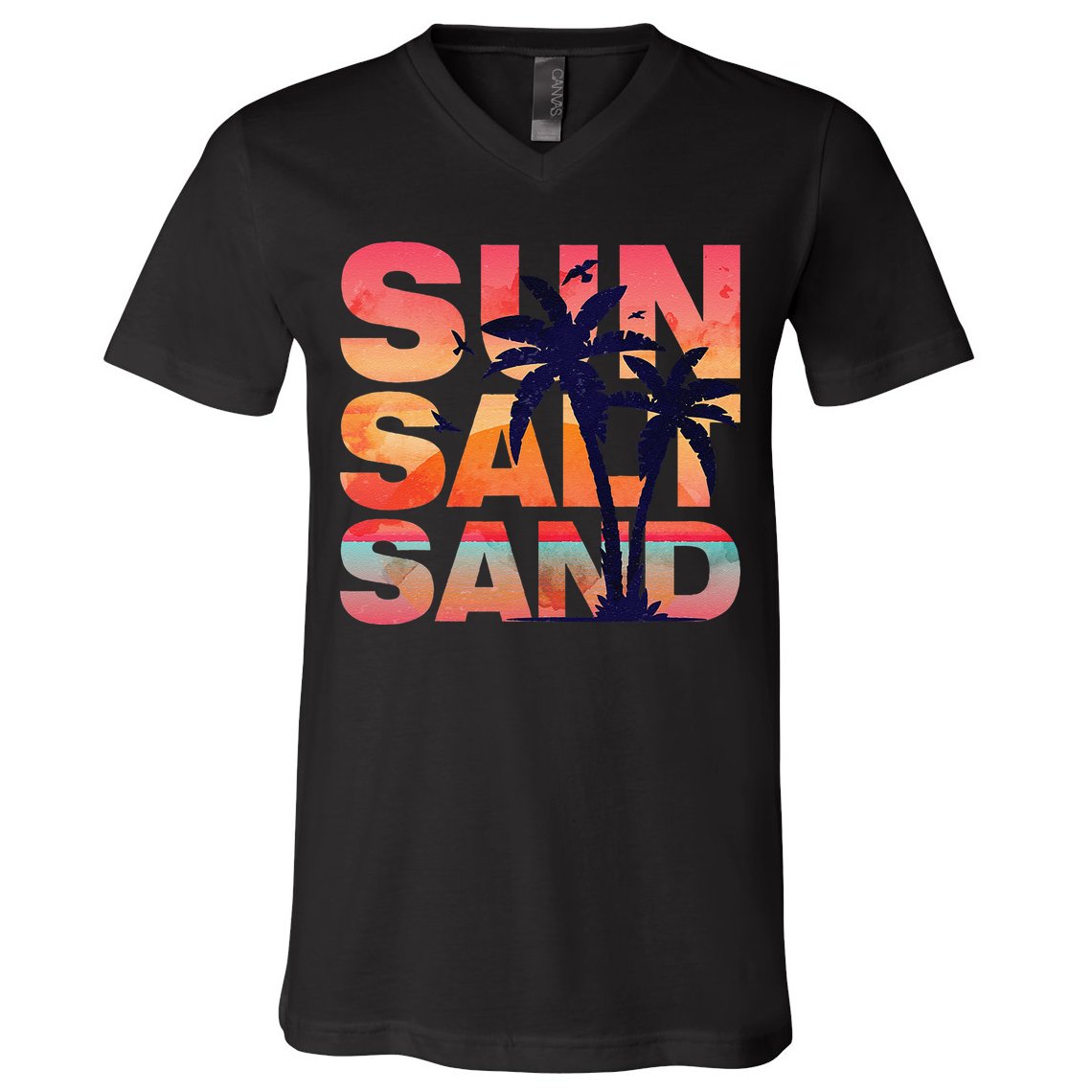 Sun Salt Sand Funny Beach Lover Summer Vacation Palm Tree V-Neck T-Shirt