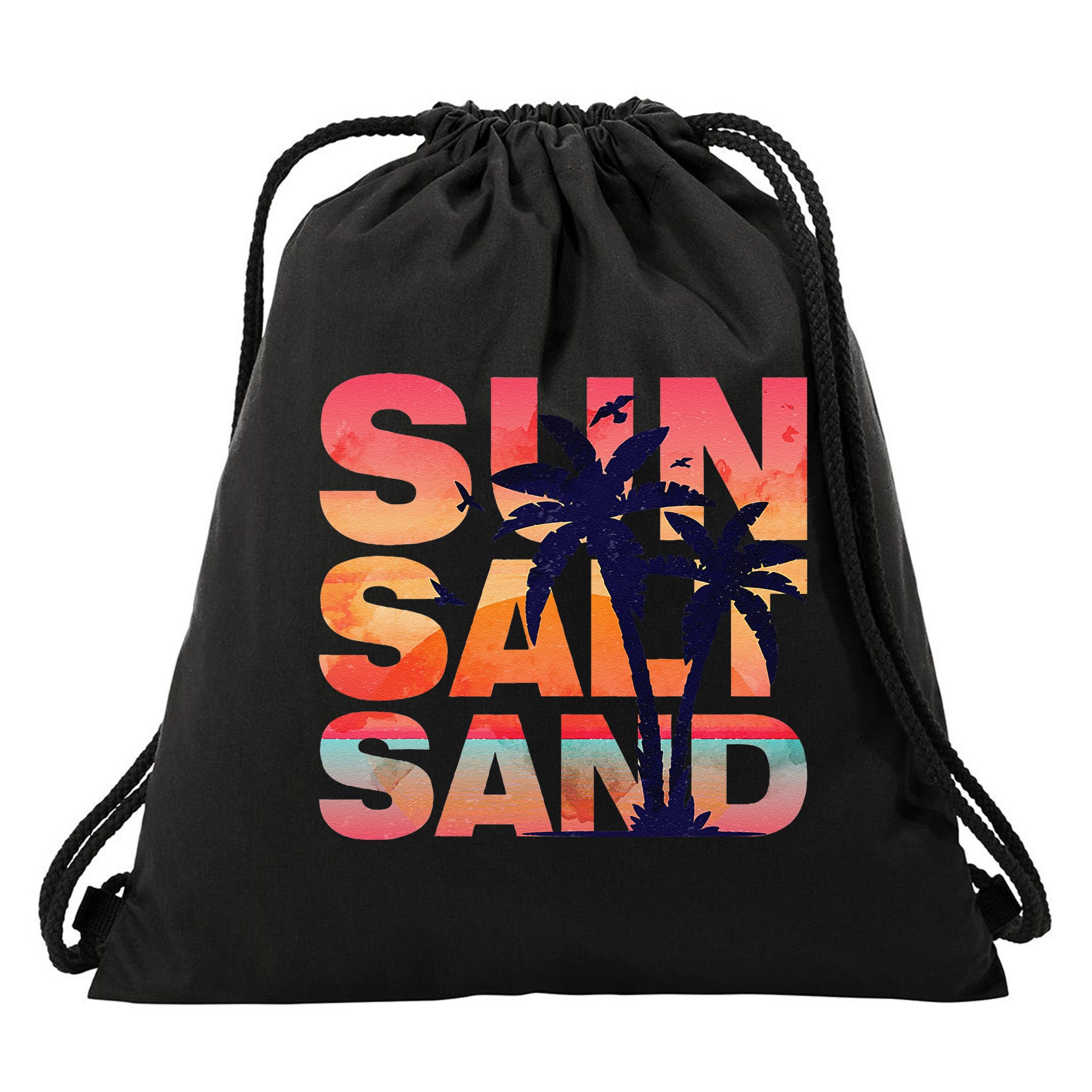 Sun Salt Sand Funny Beach Lover Summer Vacation Palm Tree Drawstring Bag