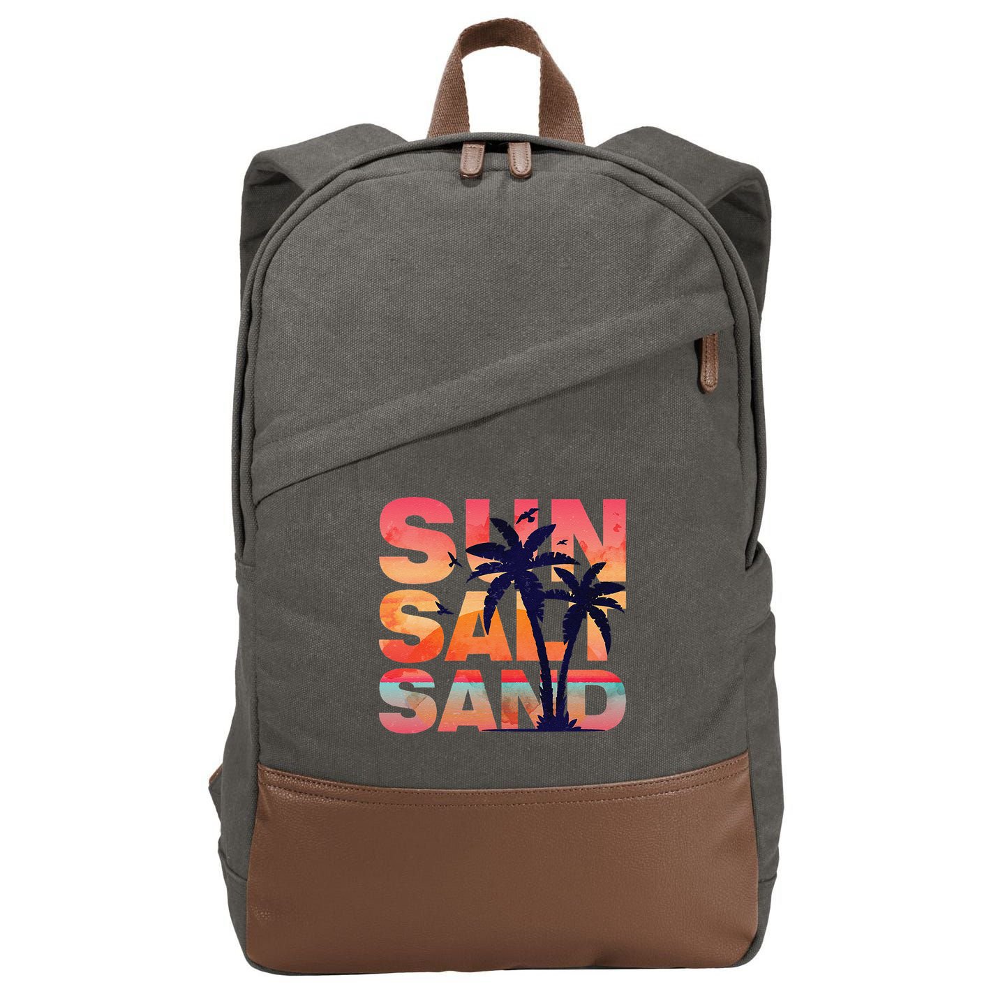Sun Salt Sand Funny Beach Lover Summer Vacation Palm Tree Cotton Canvas Backpack