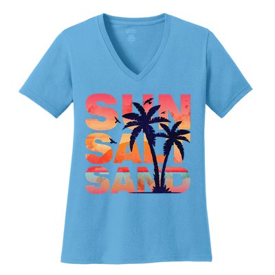 Sun Salt Sand Funny Beach Lover Summer Vacation Palm Tree Women's V-Neck T-Shirt