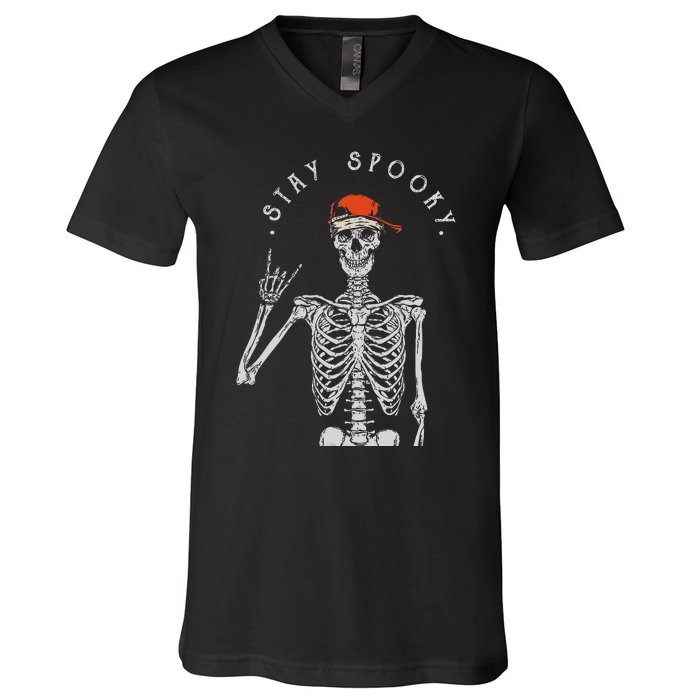 Stay Spooky Skeleton Trick Treat Halloween Skull Hand V-Neck T-Shirt