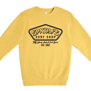 Spicolis Surf Shop Tasty Waves And A Cool Buzz Est 1982 Premium Crewneck Sweatshirt