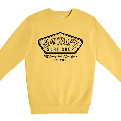 Spicolis Surf Shop Tasty Waves And A Cool Buzz Est 1982 Premium Crewneck Sweatshirt