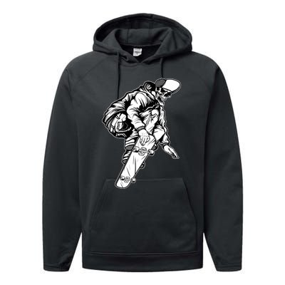 Skateboarding Skater Skate Board Skeleton Performance Fleece Hoodie