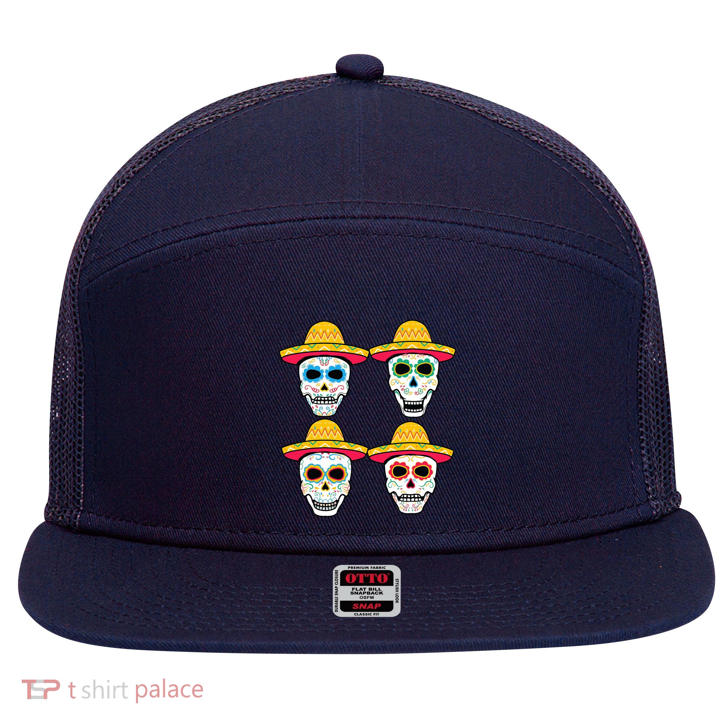 Sugar Skull Sombrero Dia De Los Muertos Mexican Day Of Dead 7 Panel Mesh Trucker Snapback Hat