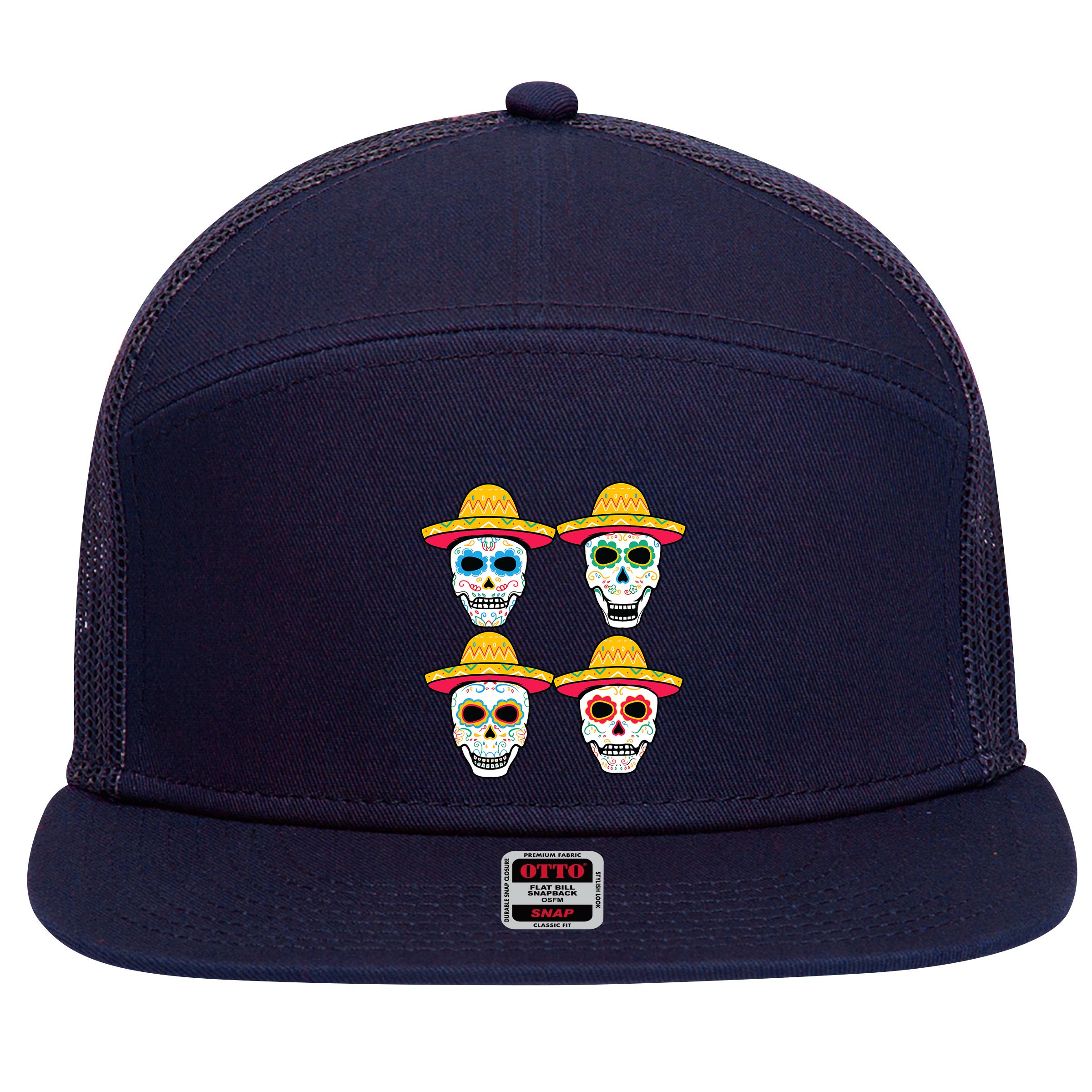 Sugar Skull Sombrero Dia De Los Muertos Mexican Day Of Dead 7 Panel Mesh Trucker Snapback Hat