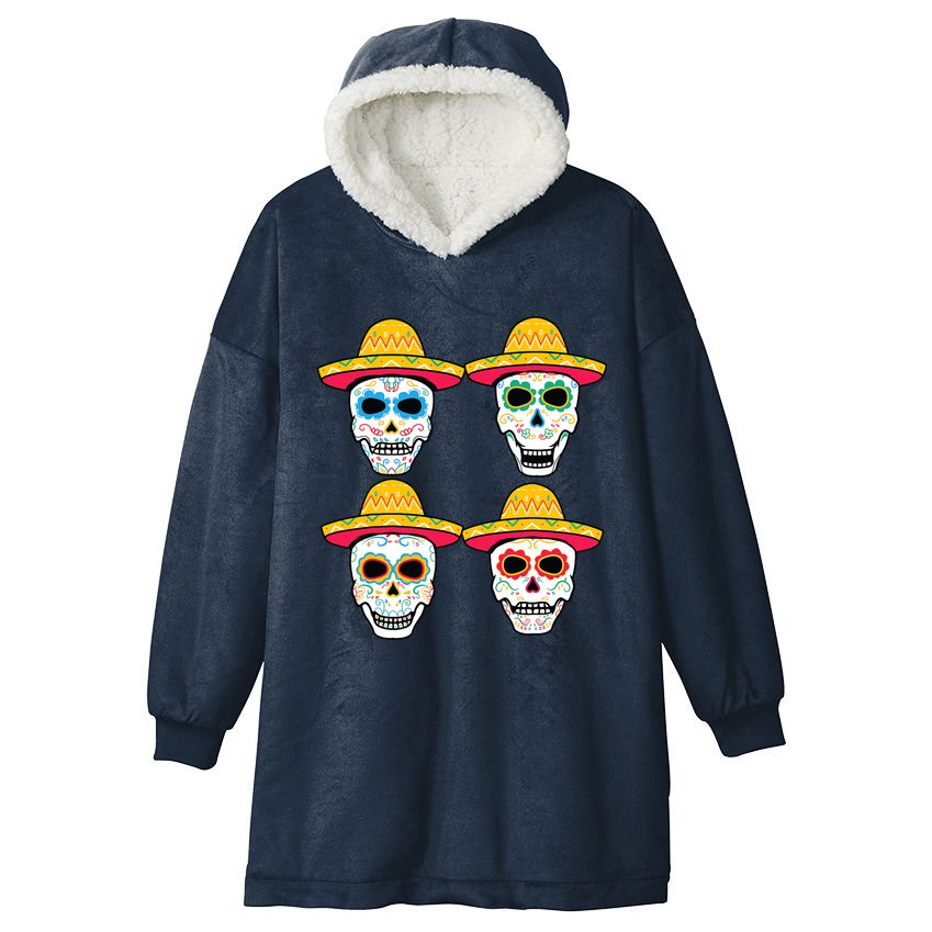 Sugar Skull Sombrero Dia De Los Muertos Mexican Day Of Dead Hooded Wearable Blanket