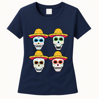 Sugar Skull Sombrero Dia De Los Muertos Mexican Day Of Dead Womens T-Shirt