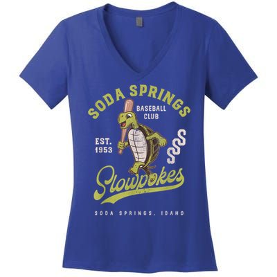 Soda Springs Slowpokes Retro Minor League Baseball Team Women's V-Neck T-Shirt