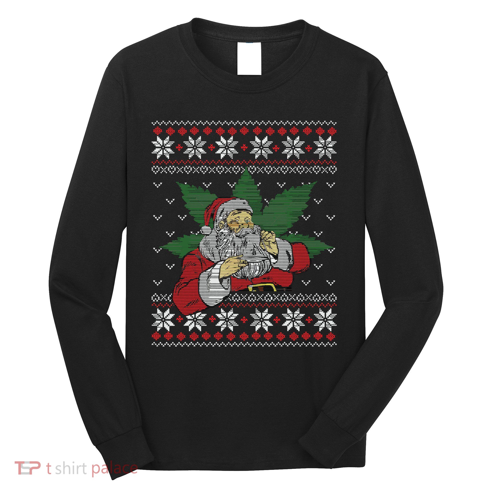 Santa Stoner Smoking Weed 420 Cannabis Humor Ugly Christmas Long Sleeve Shirt