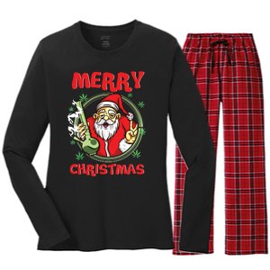 Smoking Santa Stoned On Christmas From His Fav Marijuana Women's Long Sleeve Flannel Pajama Set 