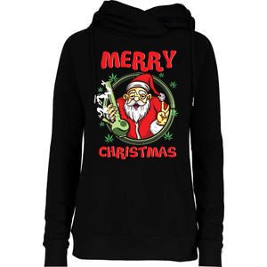 Smoking Santa Stoned On Christmas From His Fav Marijuana Womens Funnel Neck Pullover Hood