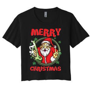 Smoking Santa Stoned On Christmas From His Fav Marijuana Women's Crop Top Tee