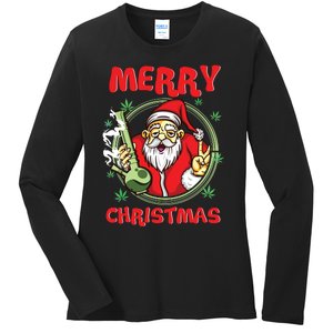 Smoking Santa Stoned On Christmas From His Fav Marijuana Ladies Long Sleeve Shirt