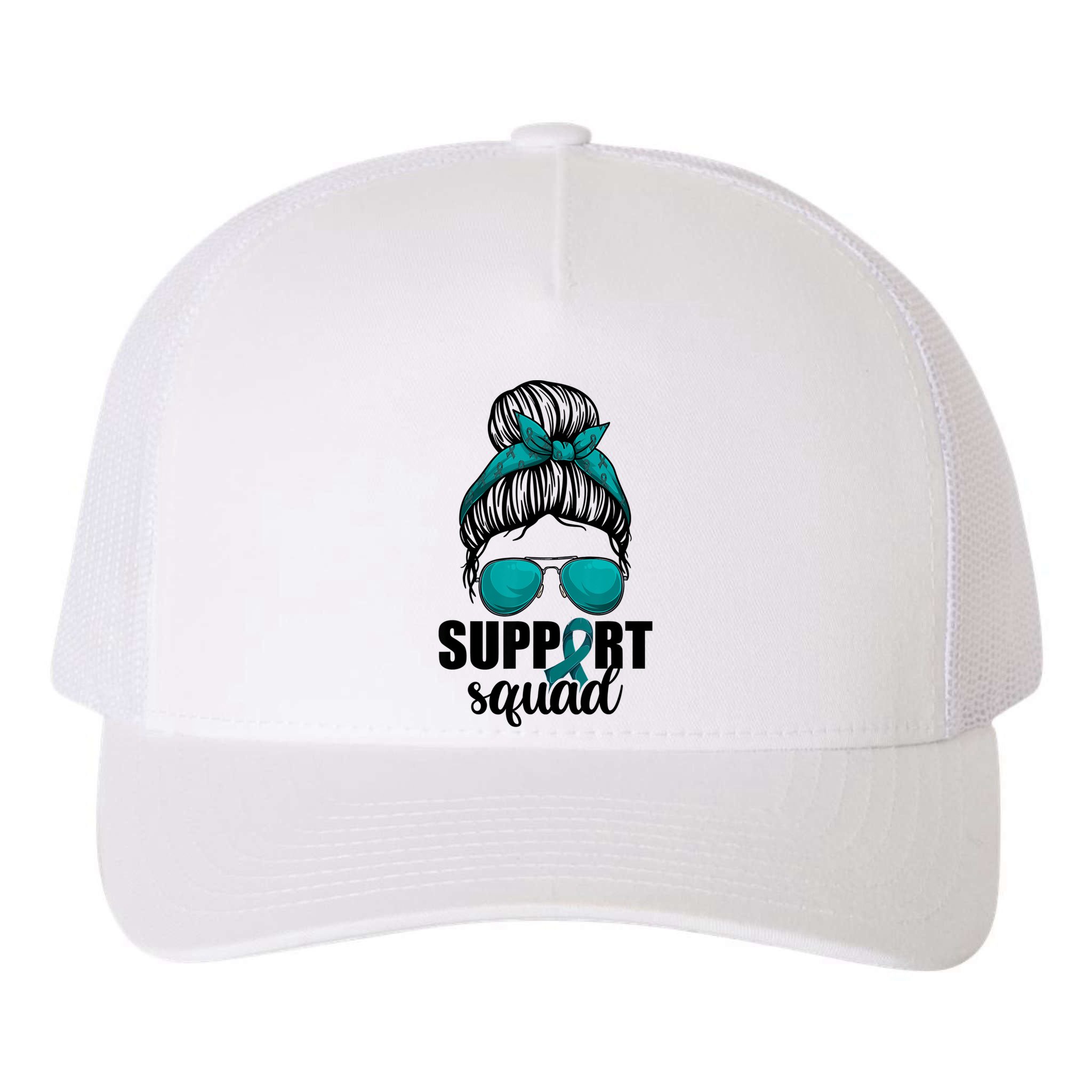 Support Squad Shirts Ovarian Cancer Messy Bun Yupoong Adult 5-Panel Trucker Hat