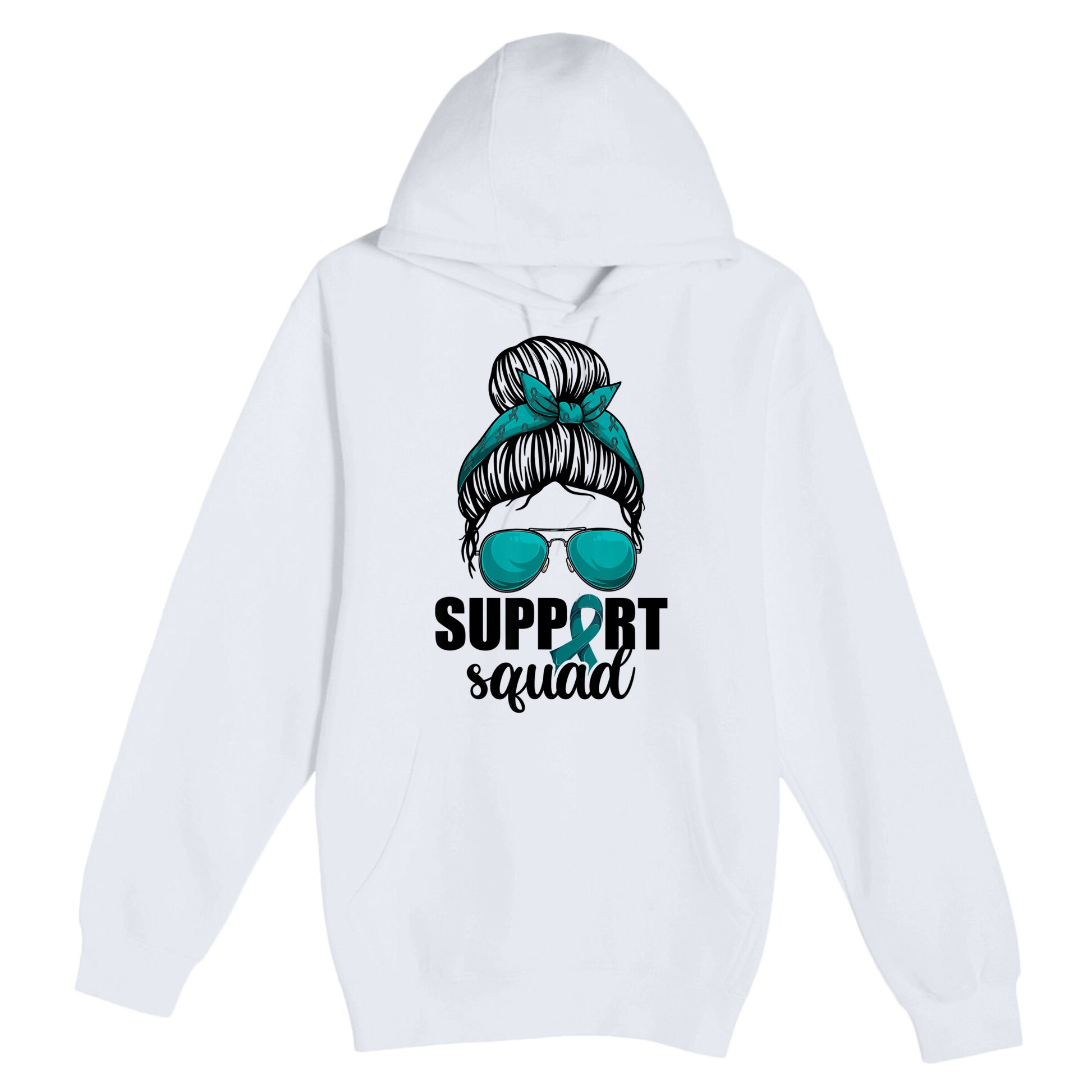 Support Squad Shirts Ovarian Cancer Messy Bun Premium Pullover Hoodie