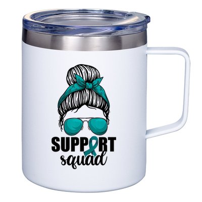Support Squad Shirts Ovarian Cancer Messy Bun 12oz Stainless Steel Coffee Mug