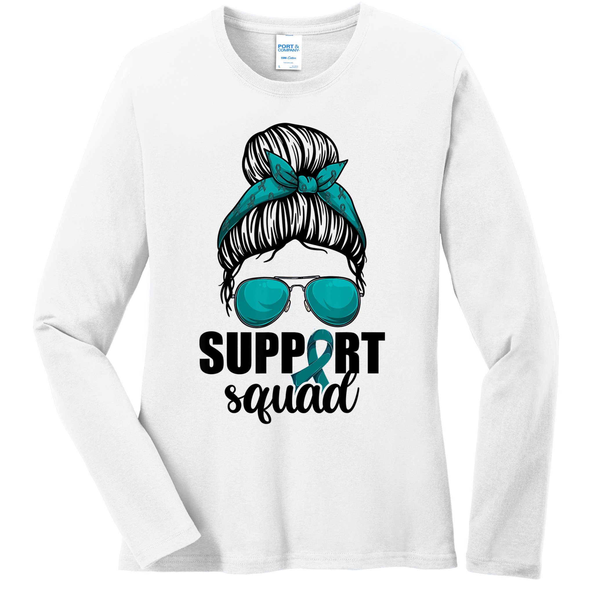 Support Squad Shirts Ovarian Cancer Messy Bun Ladies Long Sleeve Shirt