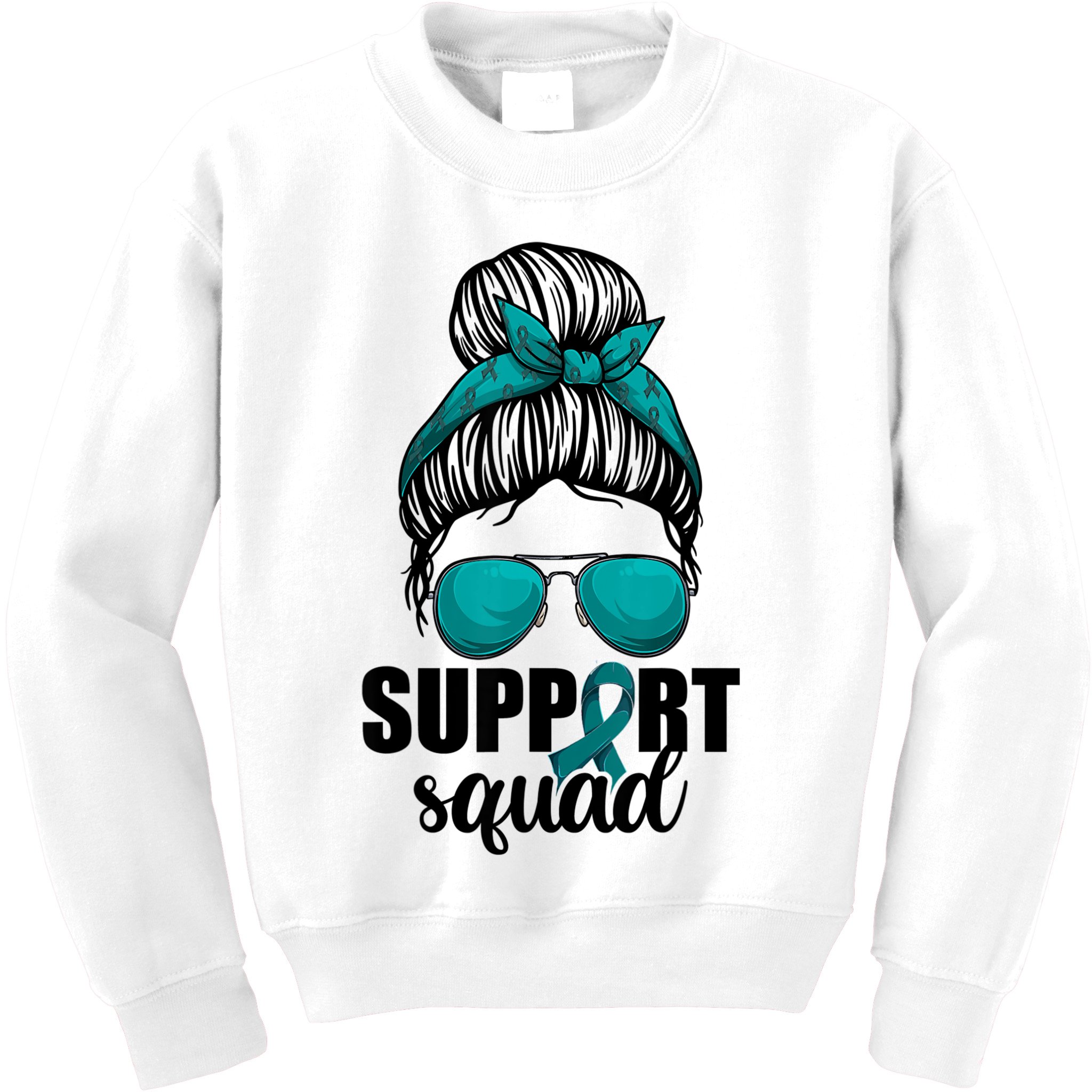 Support Squad Shirts Ovarian Cancer Messy Bun Kids Sweatshirt