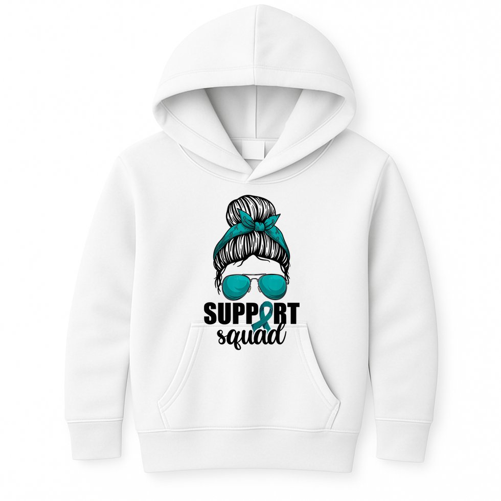 Support Squad Shirts Ovarian Cancer Messy Bun Kids Hoodie