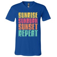 Sunrise Sunburn Sunset Repeat Beach Retro Distressed Typo Gift V-Neck T-Shirt