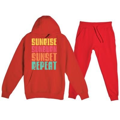 Sunrise Sunburn Sunset Repeat Beach Retro Distressed Typo Gift Premium Hooded Sweatsuit Set