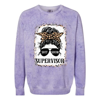 Shit Show Supervisor Women Casual Messy Bun Bleached Colorblast Crewneck Sweatshirt