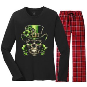 Sugar Skull St Patrick Day Of The Dead Lucky Shamrock Women's Long Sleeve Flannel Pajama Set 