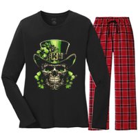 Sugar Skull St Patrick Day Of The Dead Lucky Shamrock Women's Long Sleeve Flannel Pajama Set 