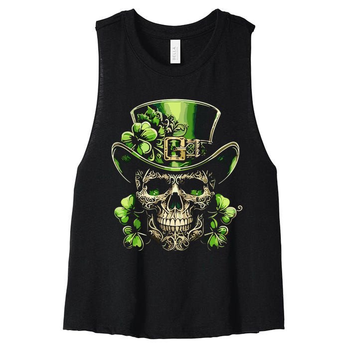 Sugar Skull St Patrick Day Of The Dead Lucky Shamrock Women's Racerback Cropped Tank