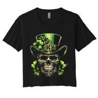 Sugar Skull St Patrick Day Of The Dead Lucky Shamrock Women's Crop Top Tee