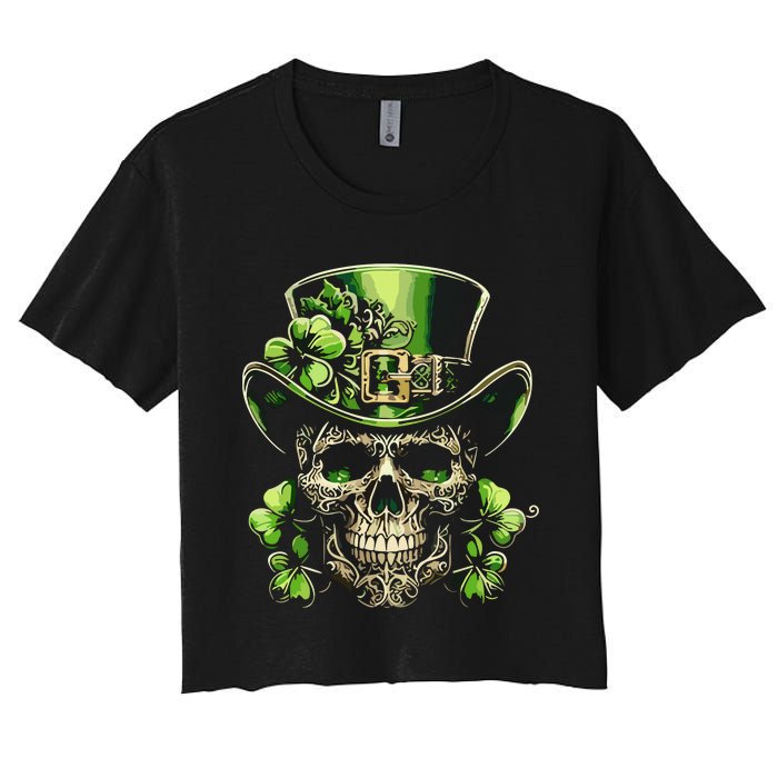 Sugar Skull St Patrick Day Of The Dead Lucky Shamrock Women's Crop Top Tee