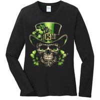 Sugar Skull St Patrick Day Of The Dead Lucky Shamrock Ladies Long Sleeve Shirt