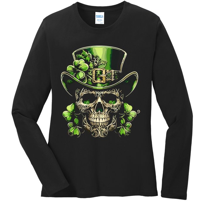 Sugar Skull St Patrick Day Of The Dead Lucky Shamrock Ladies Long Sleeve Shirt