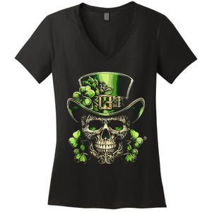 Sugar Skull St Patrick Day Of The Dead Lucky Shamrock Women's V-Neck T-Shirt