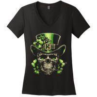 Sugar Skull St Patrick Day Of The Dead Lucky Shamrock Women's V-Neck T-Shirt