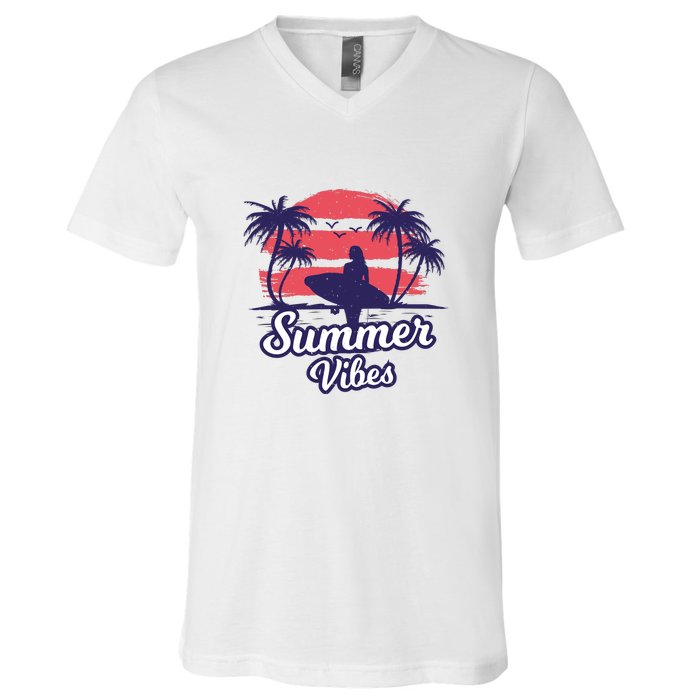 Surfing Sunset Summer Vibes Palm Beach Gift V-Neck T-Shirt