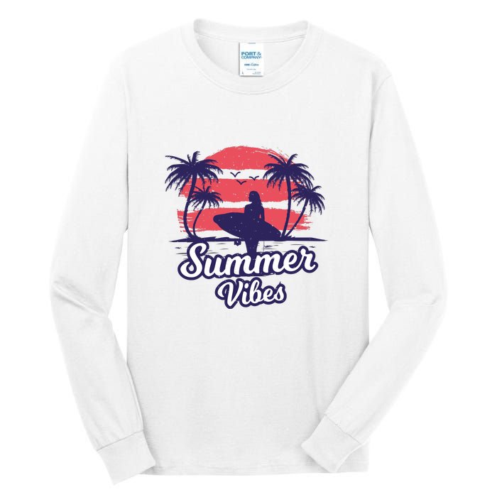 Surfing Sunset Summer Vibes Palm Beach Gift Tall Long Sleeve T-Shirt