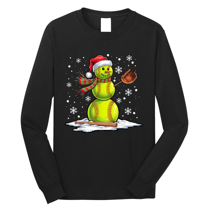 Softball Snowman Softball Player Santa Hat Christmas Funny Long Sleeve Shirt