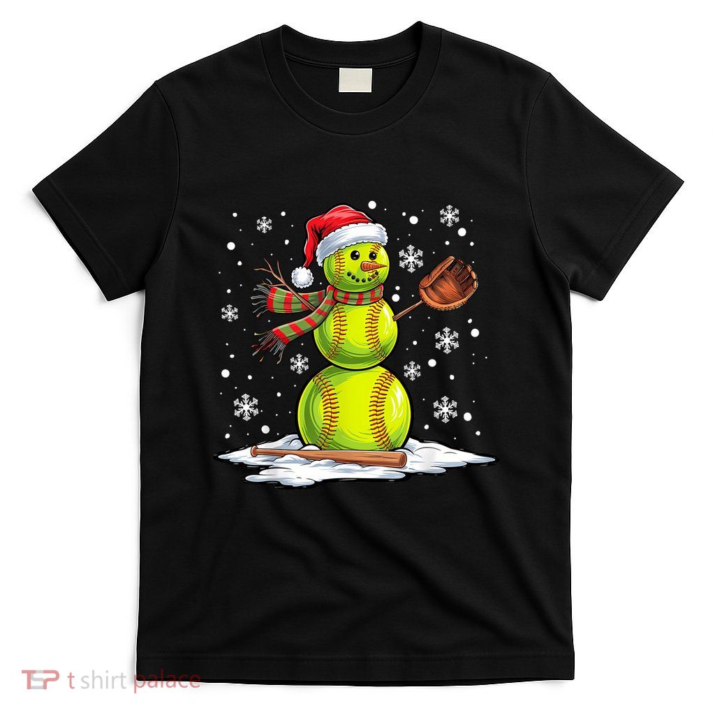 Softball Snowman Softball Player Santa Hat Christmas Funny T-Shirt