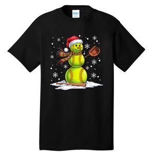 Softball Snowman Softball Player Santa Hat Christmas Funny Tall T-Shirt