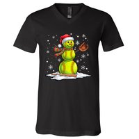 Softball Snowman Softball Player Santa Hat Christmas Funny V-Neck T-Shirt