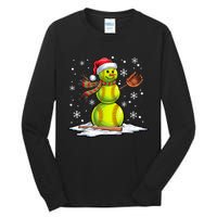 Softball Snowman Softball Player Santa Hat Christmas Funny Tall Long Sleeve T-Shirt