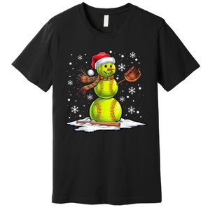 Softball Snowman Softball Player Santa Hat Christmas Funny Premium T-Shirt