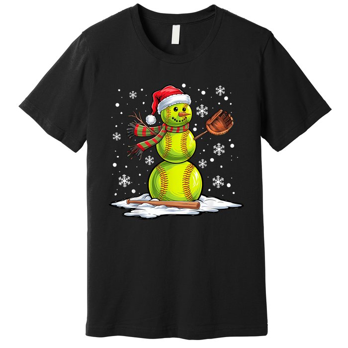 Softball Snowman Softball Player Santa Hat Christmas Funny Premium T-Shirt